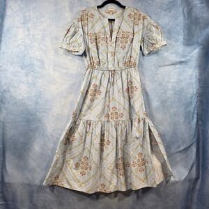 Loft Petites Light Blue Floral Tile Print Tiered Midi Dress XSP Short Puff Sleev